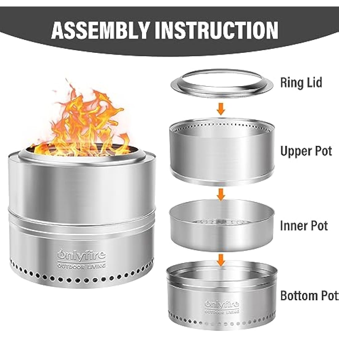 Onlyfire 50cm Smokeless Fire Pit | Stainless Steel Wood Burning Stove