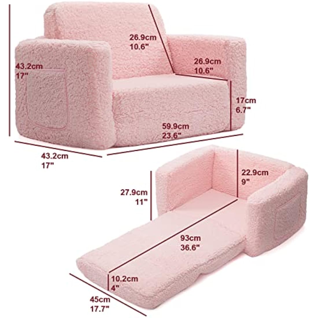 BEJOY Kids 2-in-1 Flip Out Toddler Sofa – Sherpa Convertible Lounger, Pink