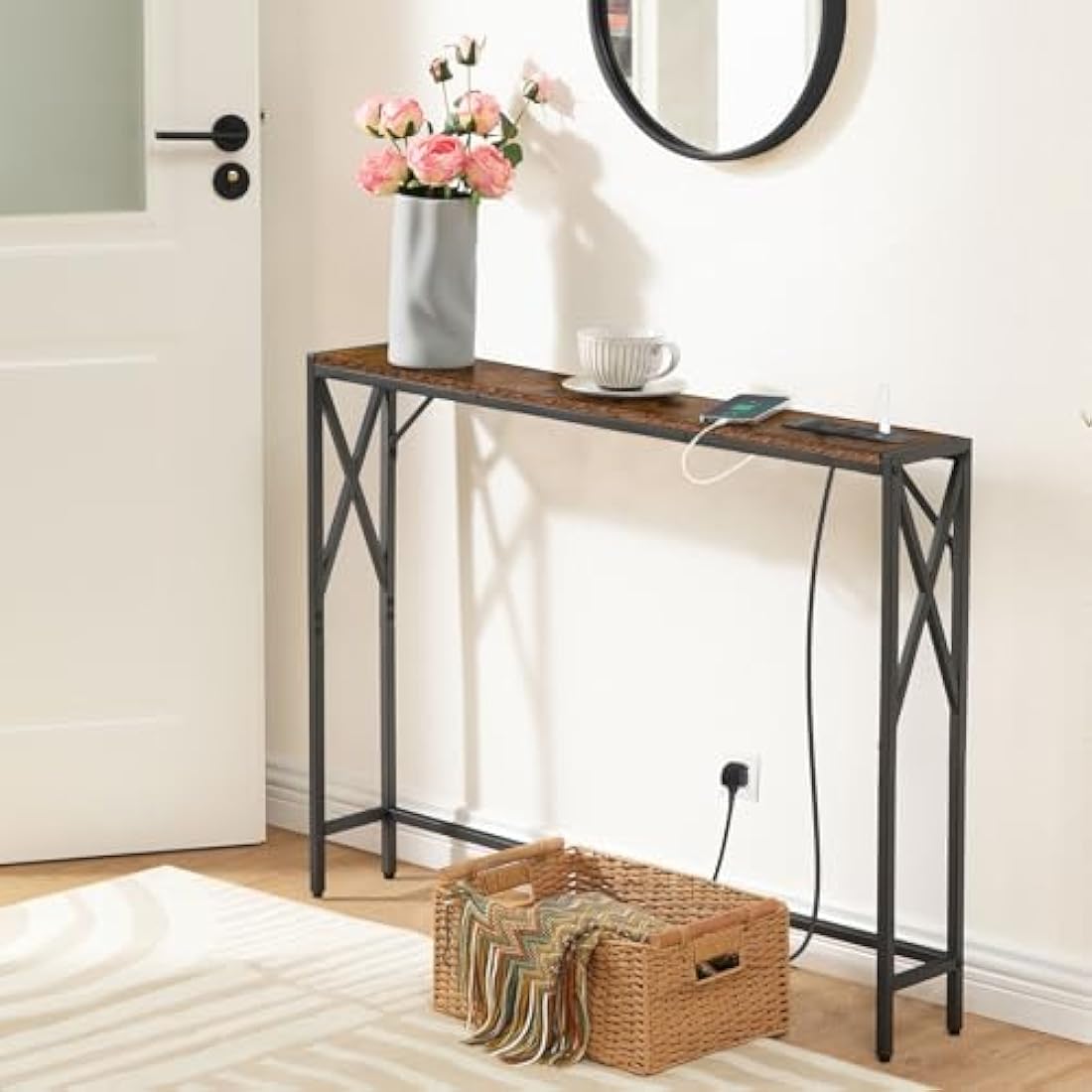 MAHANCRIS 100cm Console Table with Charging Station | Rustic Brown