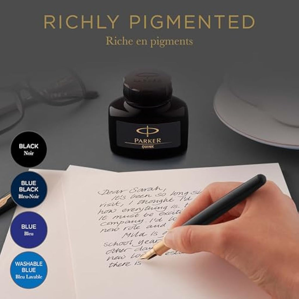 Parker Quink Fountain Pen Ink Bottle - Black Refill - 57 ml Glass Bottle