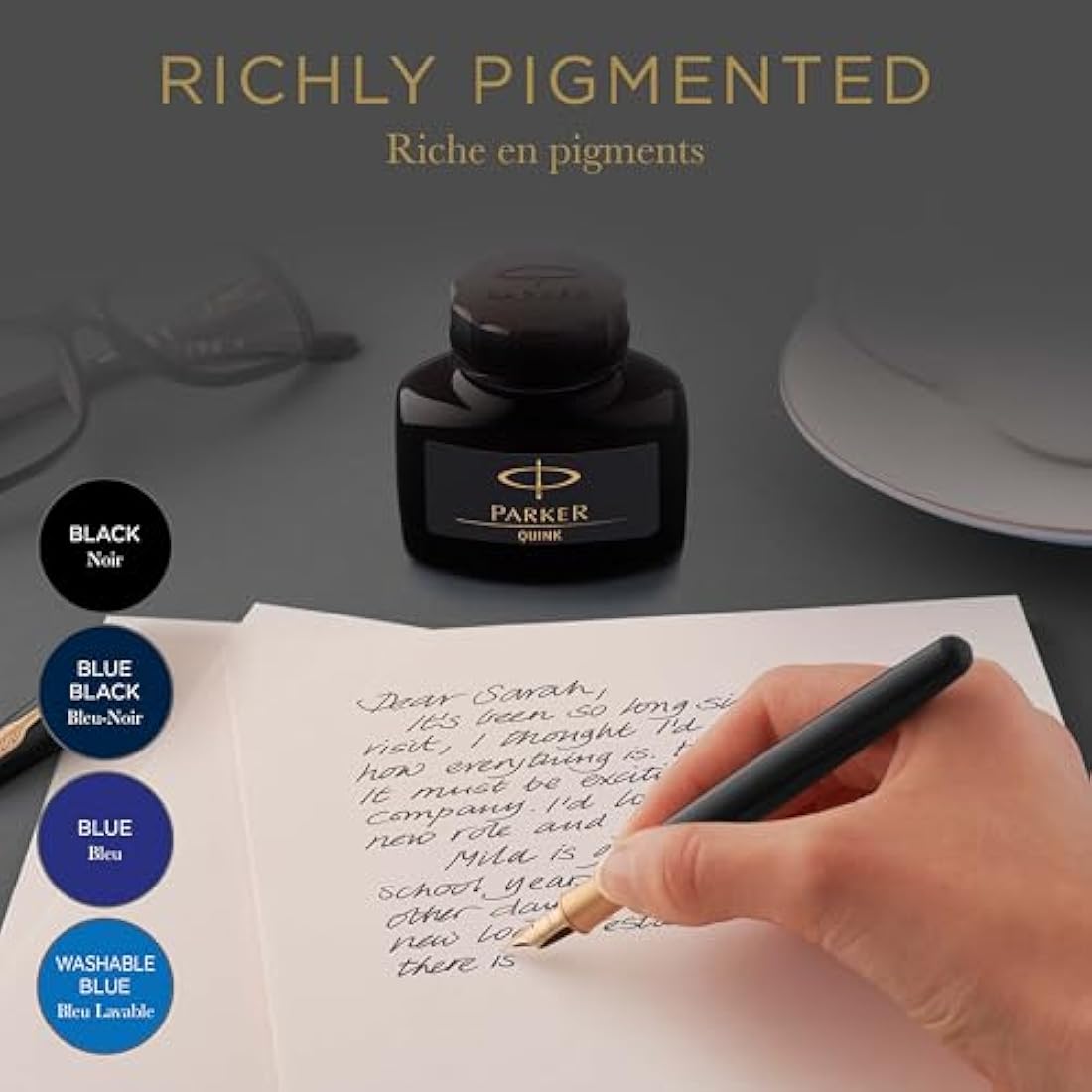 Parker Quink Fountain Pen Ink Bottle - Black Refill - 57 ml Glass Bottle