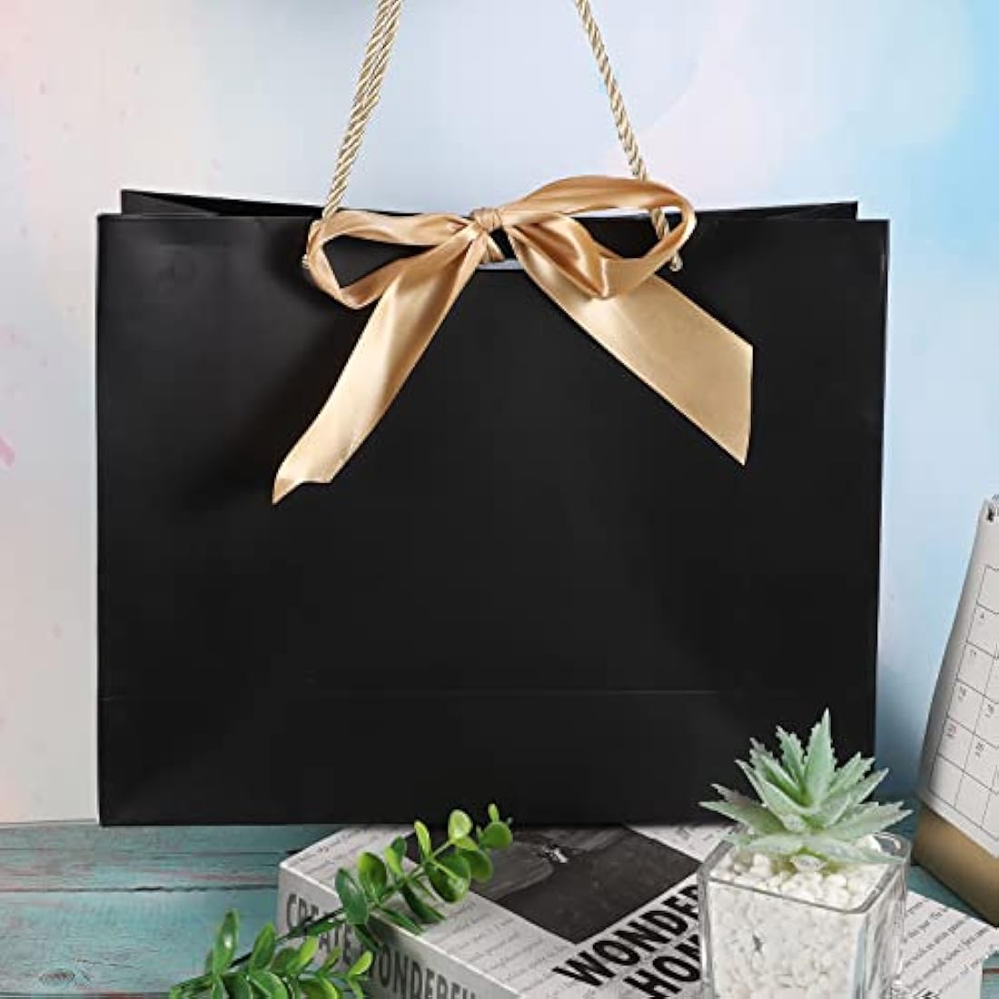 Black Paper Gift Bags with Gold Bows - 10 Pcs, 13x9.8x4.3"