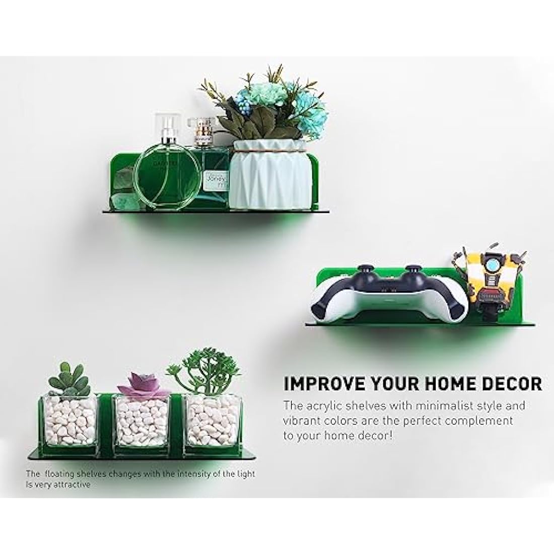 OAPRIRE Acrylic Floating Wall Shelves | 2-Pack Drill-Free Emerald Green