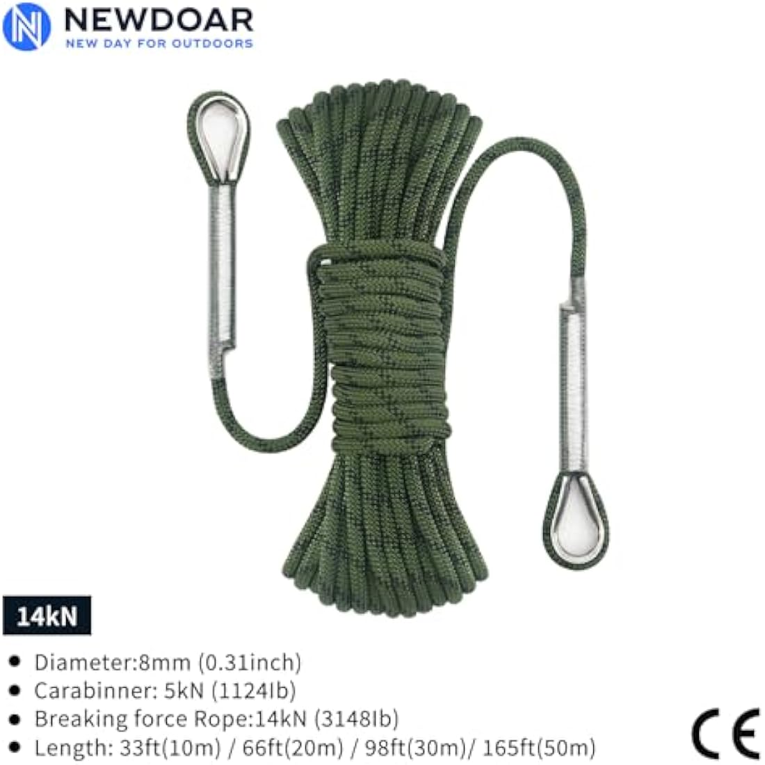 NewDoar 8mm Static Climbing Rope – 14KN Safety Cord with 2 Carabiners