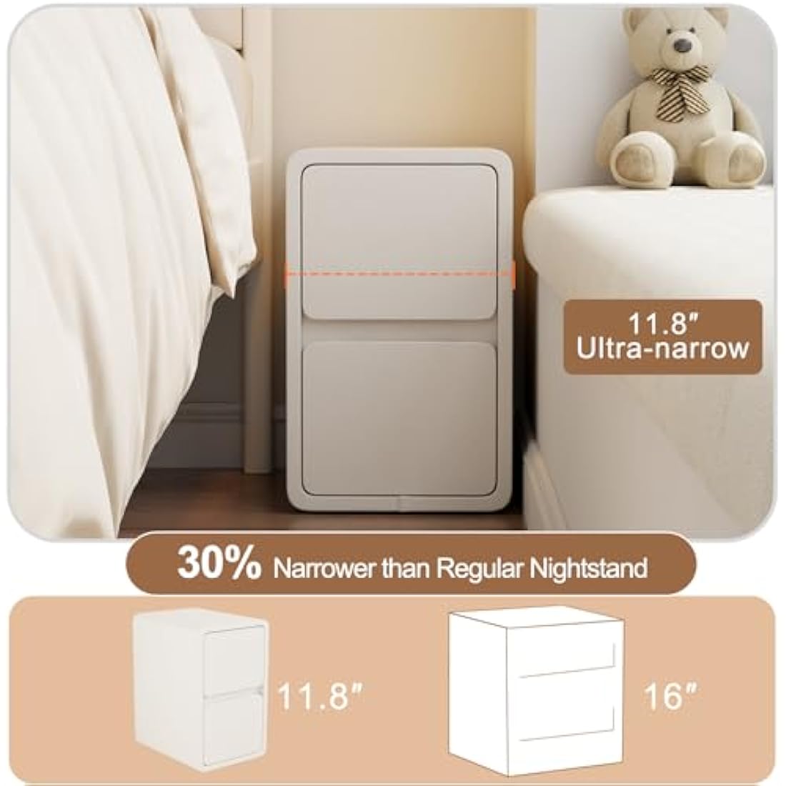 AQIMUELE Narrow Bedside Table | 2-Drawer White Leather Nightstand