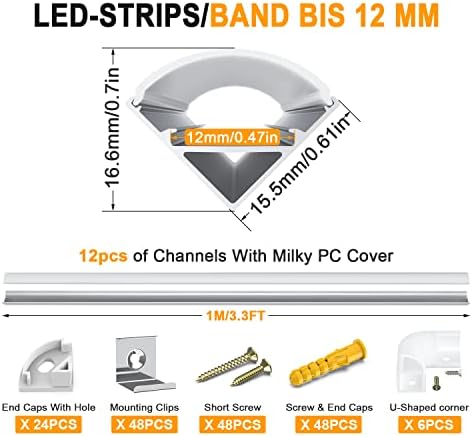 Angdarun V-Shape LED Aluminum Profile | 12-Pack 1M Channels with Diffuser