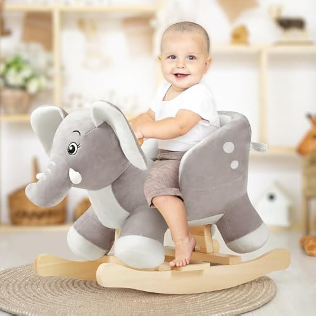 FUNLIO Elephant Baby Rocking Horse – Plush Grey Ride-on Toy for Toddlers