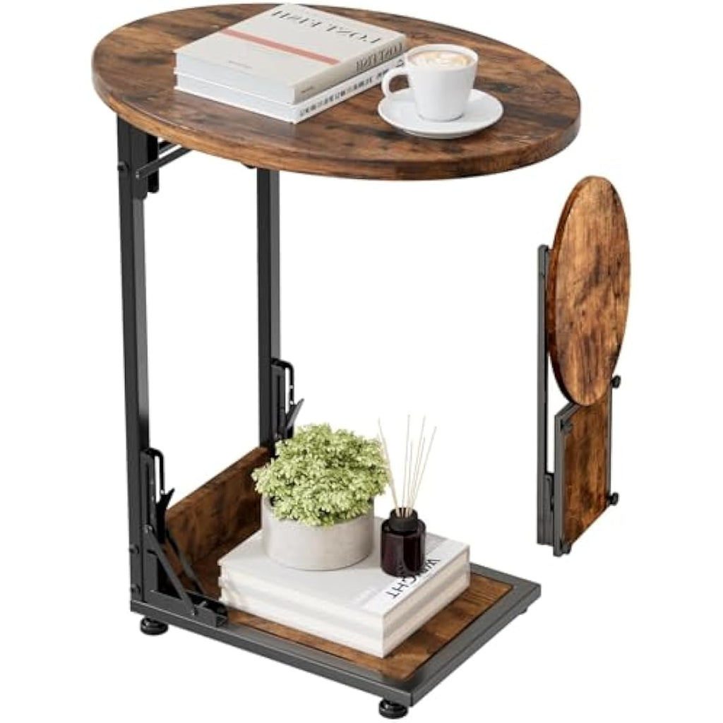 Mutool Foldable C Shaped Side Table | Rustic Round Sofa End Table