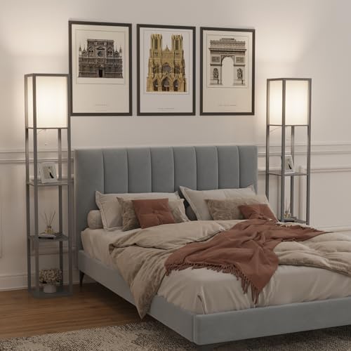 PULUOMIS Modern Wooden Floor Lamp with 3-Tier Shelves - Grey, 160cm