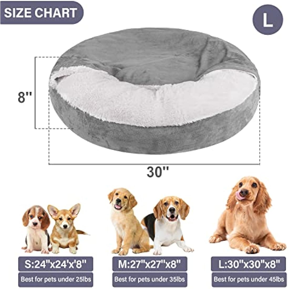 MICOOYO Hooded Donut Dog Bed – Large Grey Faux Fur Calming Pet Cave
