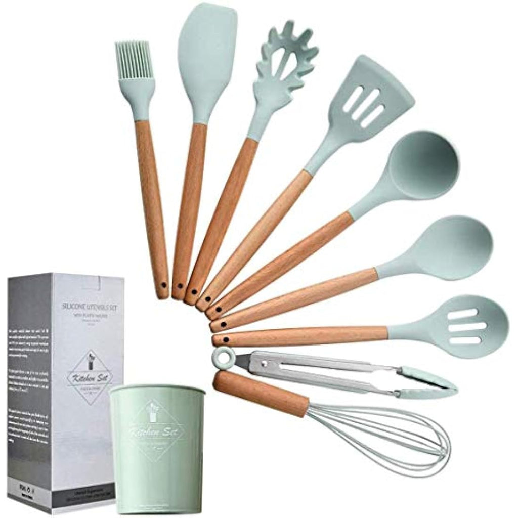 Jolof Store 9-Piece Silicone Kitchen Utensil Set with Wooden Handles