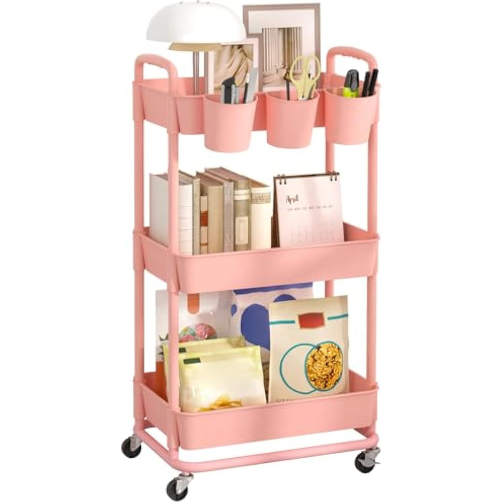 JIUYOTREE 3-Tier Rolling Utility Cart with Handles and Wheels - Pink