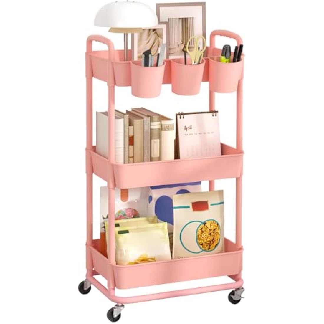 JIUYOTREE 3-Tier Rolling Utility Cart with Handles and Wheels - Pink
