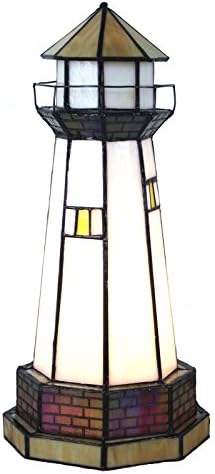 Bieye Lighthouse Tiffany Style Stained Glass Accent Table Lamp - 12" H