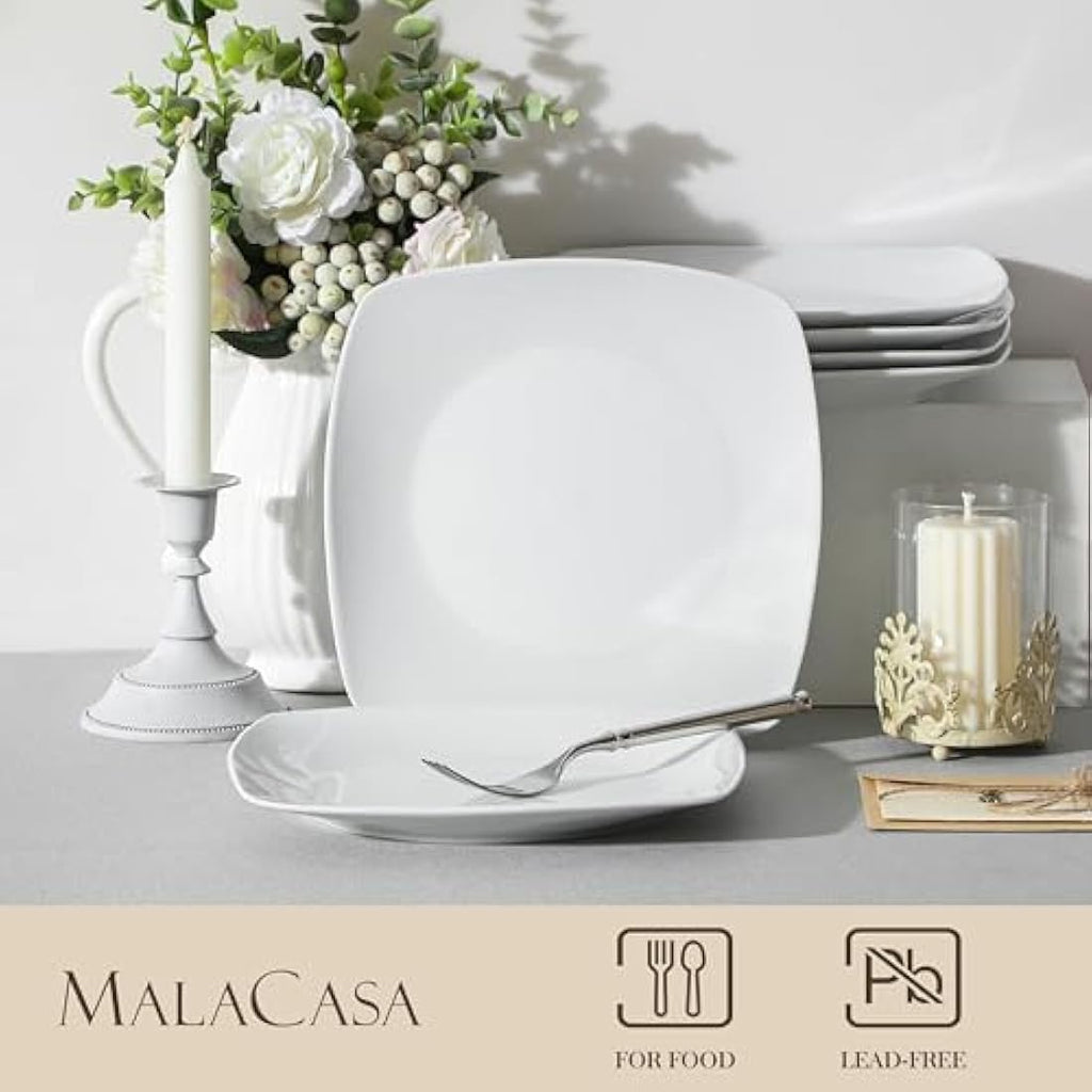 MALACASA Julia Square Dinner Plates - 6-Piece Ivory White Porcelain Set