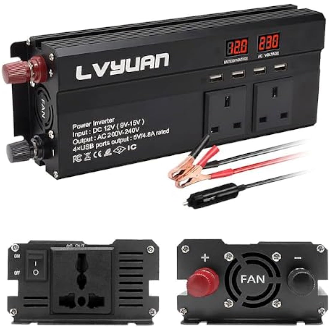LVYUAN 1200W Power Inverter 12V to 240V AC | 3 UK Sockets & 4 USB Ports