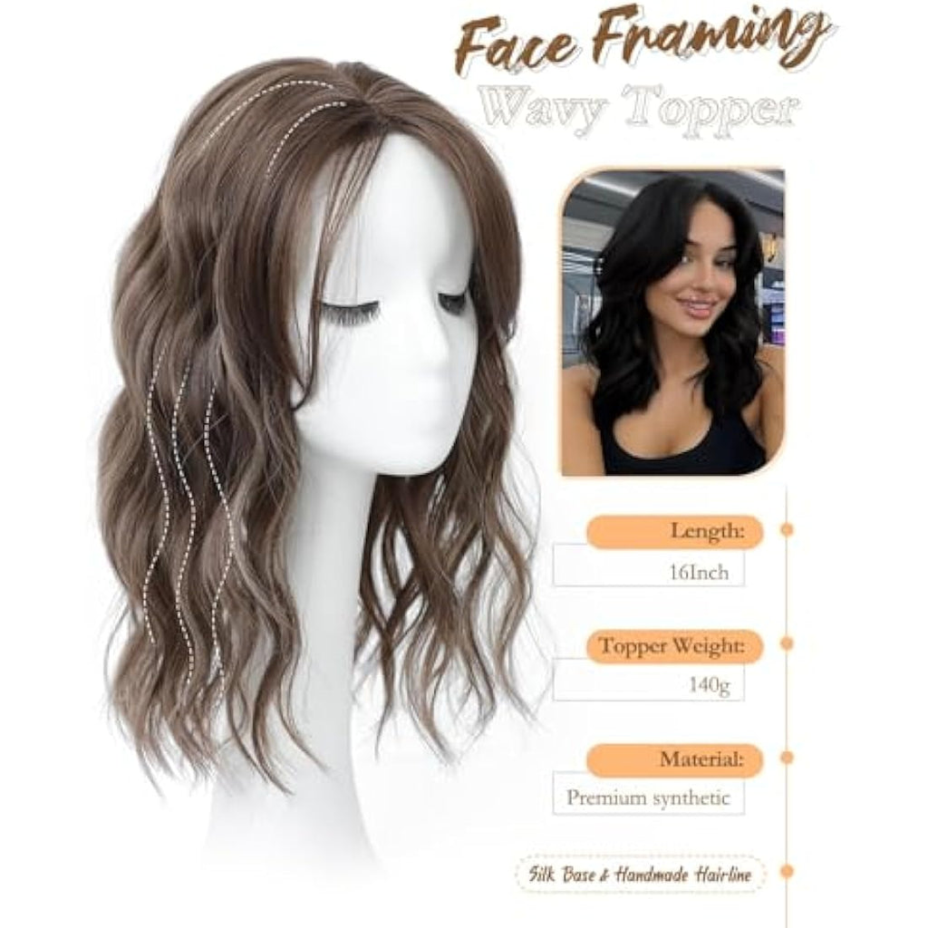 MORICHY 16" Wavy Curly Hair Topper with Fringe – Brown Highlights Clip-In