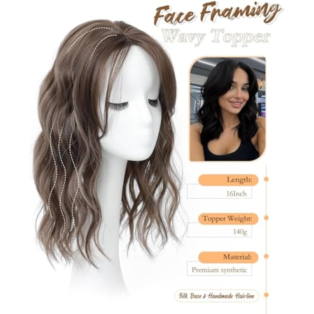 MORICHY 16" Wavy Curly Hair Topper with Fringe – Brown Highlights Clip-In