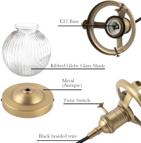 Yosoan Antique Ribbed Glass Globe Pendant Light | Industrial Edison Fitting
