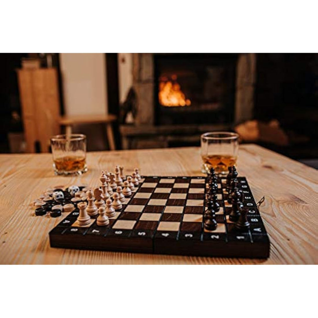 Jolof Store 3-in-1 Wooden Chess, Checkers & Backgammon Set – 26cm Handmade