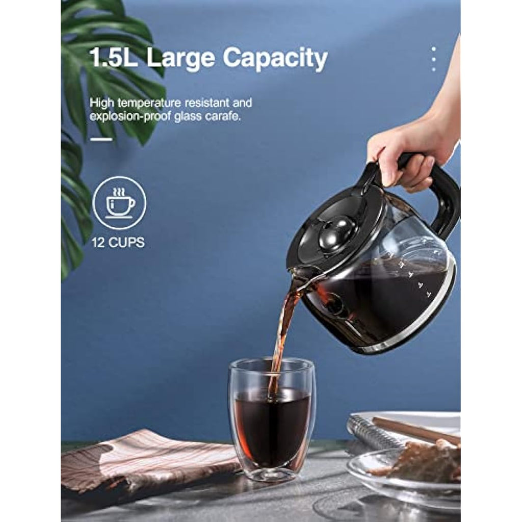 Yabano Programmable Drip Coffee Maker – 12 Cup Glass Carafe, 1.5L