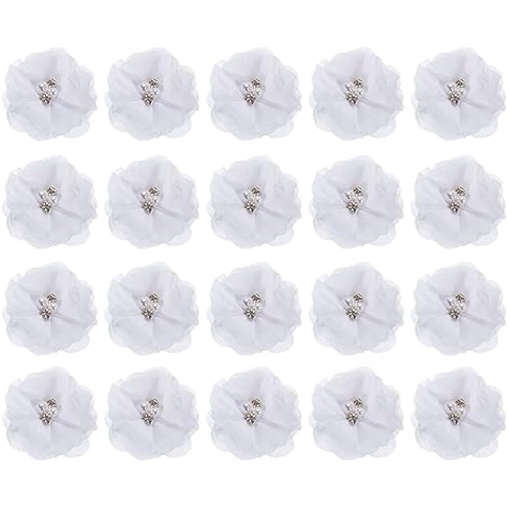 Jolof Store White Chiffon Flower Heads with Rhinestones - 20 Pack
