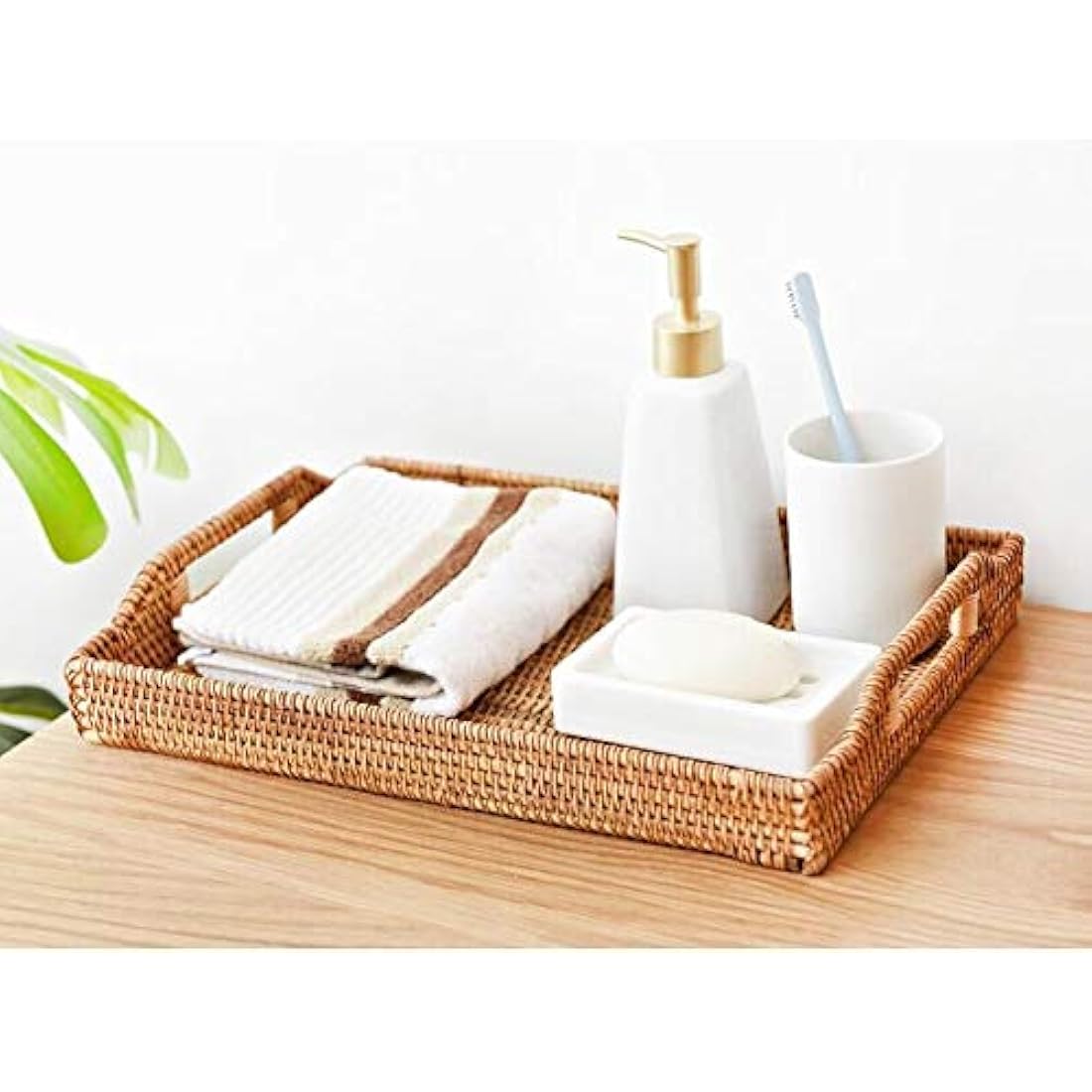 DOKOT Hand-Woven Rattan Serving Tray with Handles - Large 17-Inch