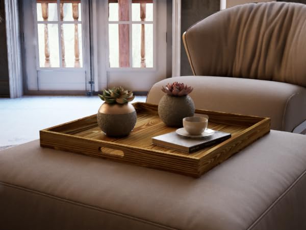 Hanobe Square Large Ottoman Tray – Rustic Wood Serving Tray with Handles