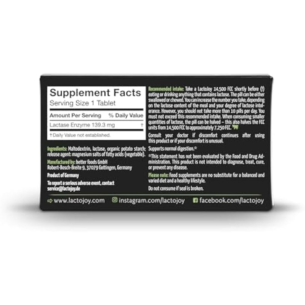 LactoJoy Lactase Tablets – 14,500 FCC High Dose Enzyme – 45 Pcs Vegan
