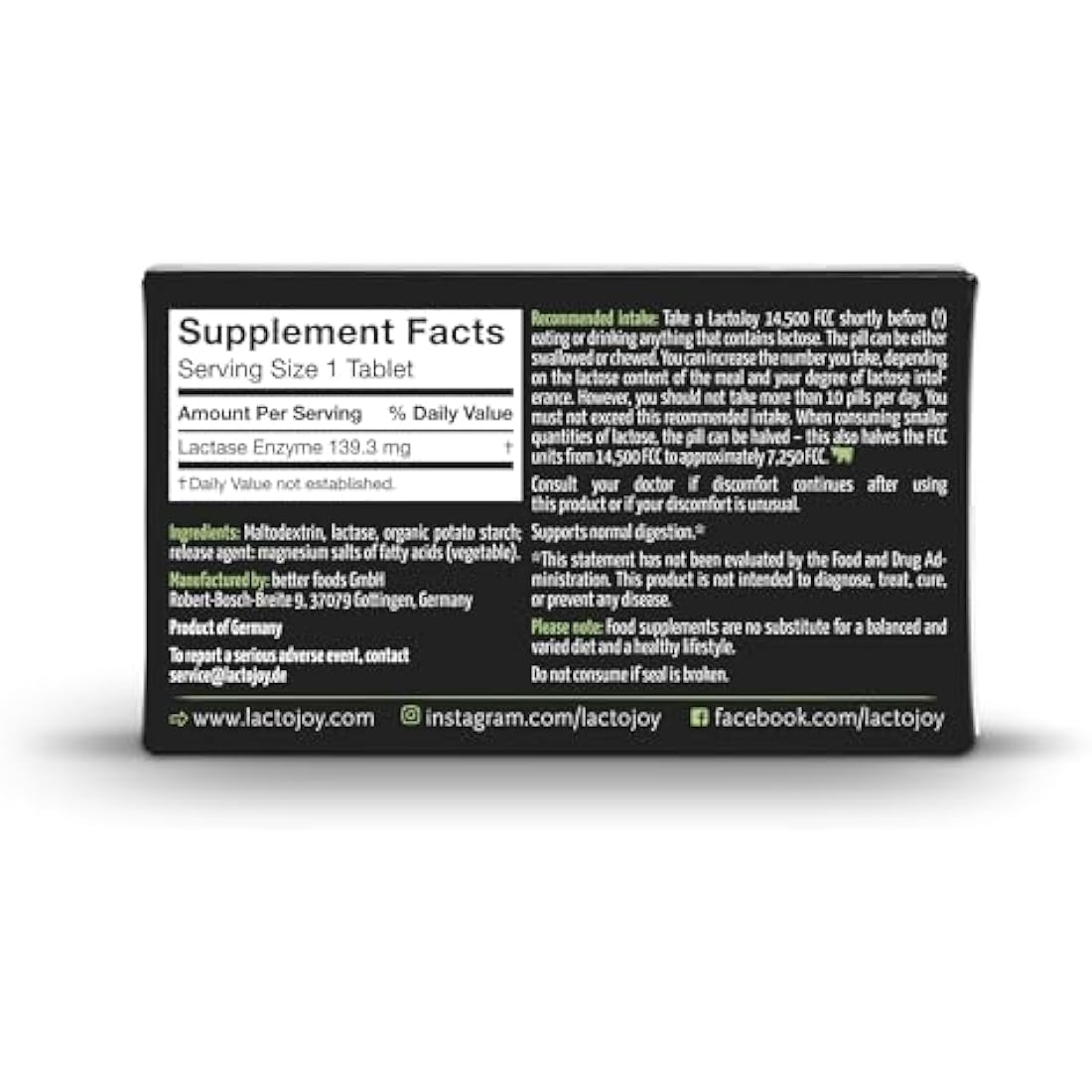 LactoJoy Lactase Tablets – 14,500 FCC High Dose Enzyme – 45 Pcs Vegan