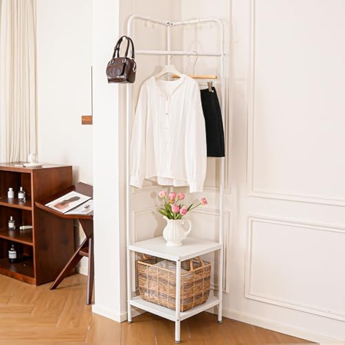 Metal Corner Coat Rack | Small Space Shoe Stand - White