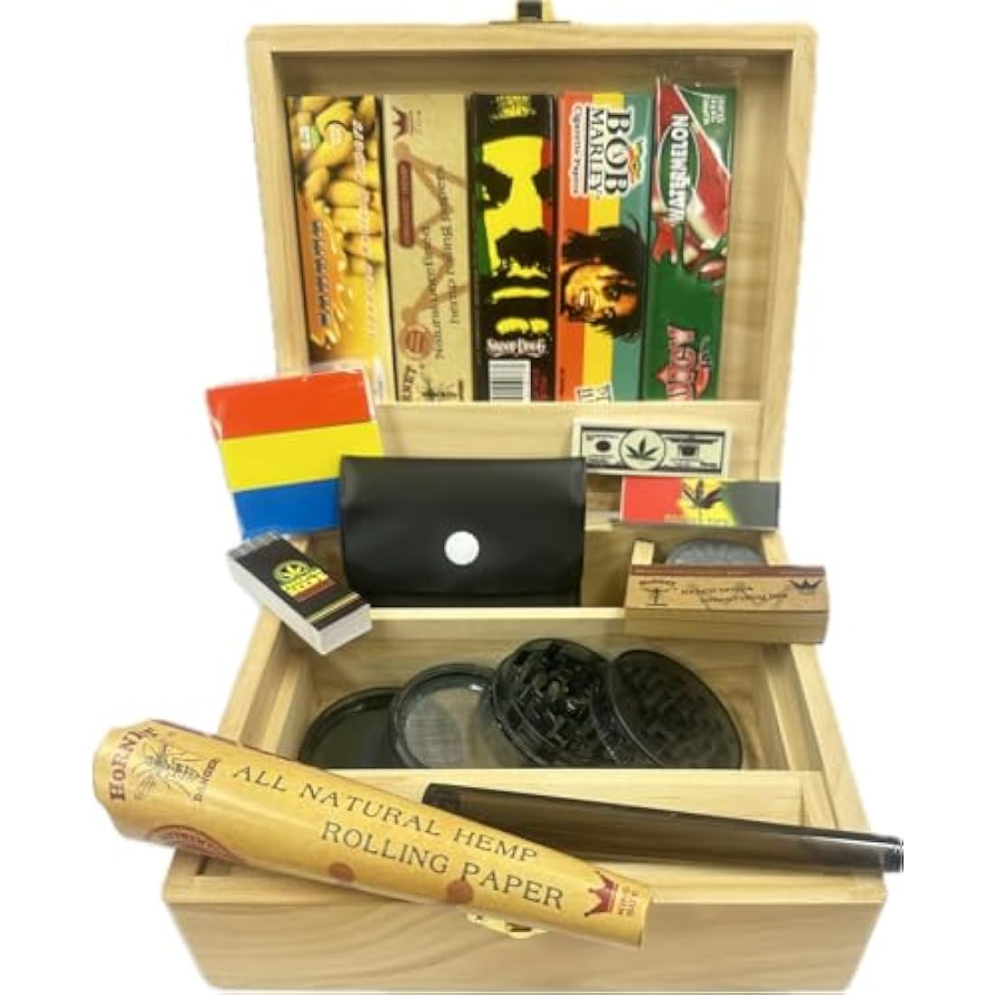 Large Pine Wooden Rolling Box Gift Set with Papers & Tips