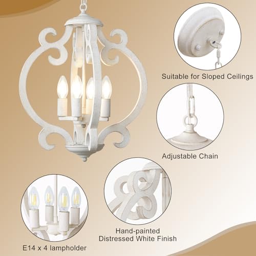 LynPon 4-Light White Farmhouse Chandelier | Rustic French Wood Pendant