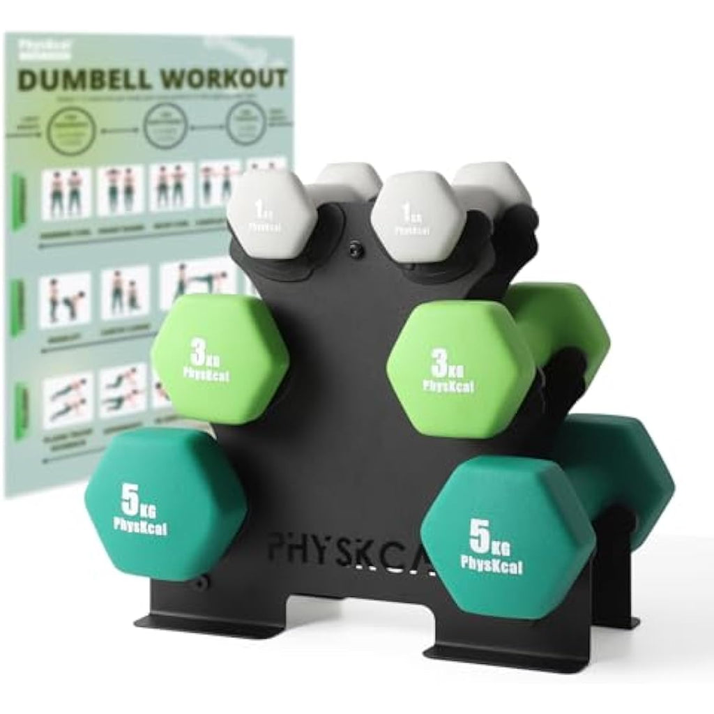 PhysKcal 18kg Neoprene Dumbbells Set with Steel Rack | 1kg 3kg 5kg Pairs