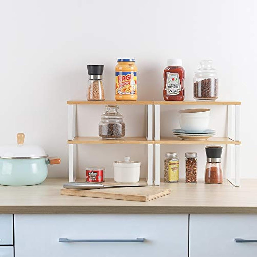 Bamboo Kitchen Shelf Organizer | 4-Pack Stackable White Rack