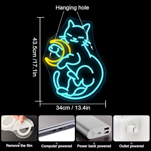 Horseneon Cat and Moon Neon Sign | Dimmable LED Wall Decor for Bedroom