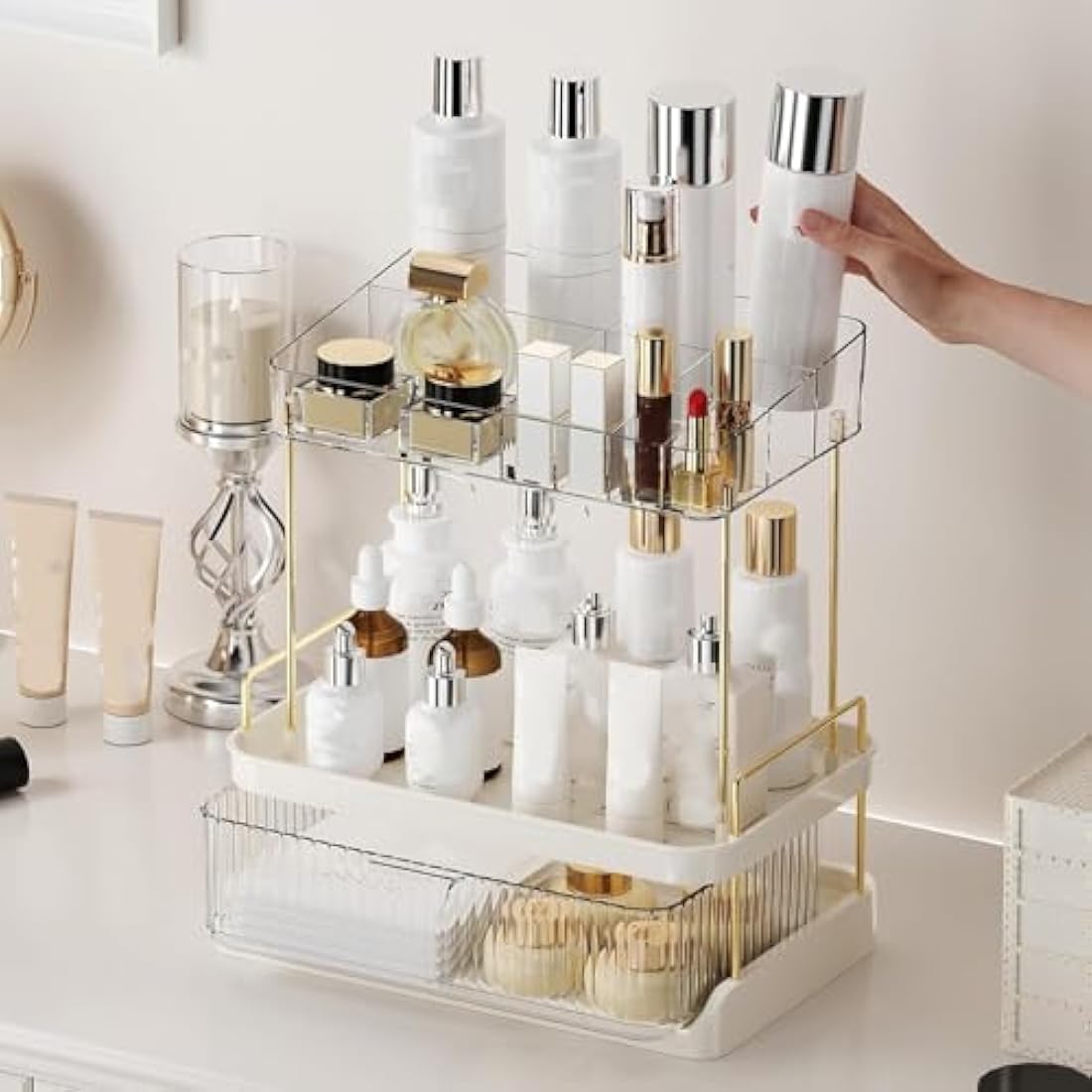 STORICANS Large Makeup Organiser with Drawer and Removable Tray – White