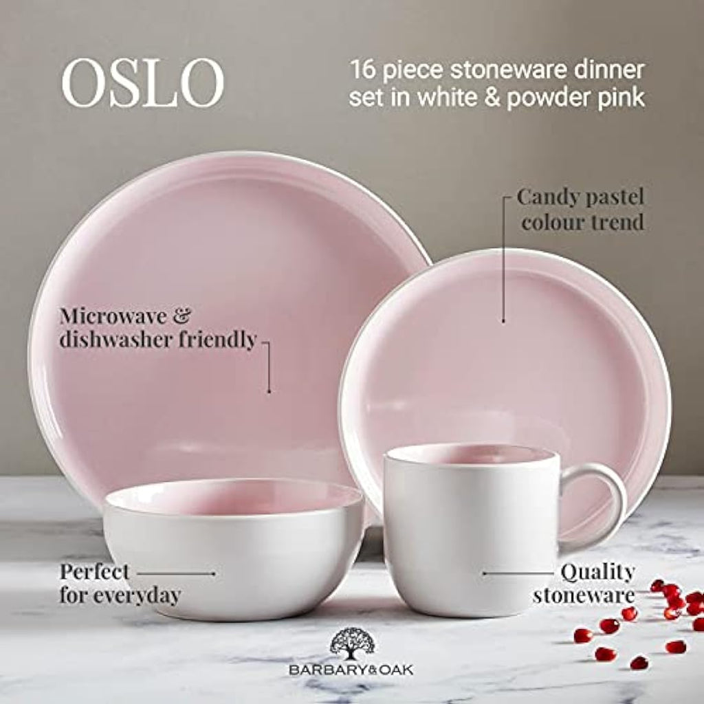 Barbary & Oak Oslo 16 Piece Stoneware Dinnerware Set | White & Pink
