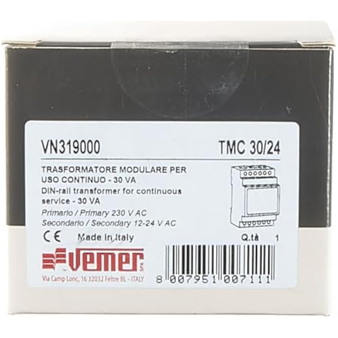 Vemer TMC 30/24 DIN Rail Transformer | 230V to 12-24V | 30VA Power