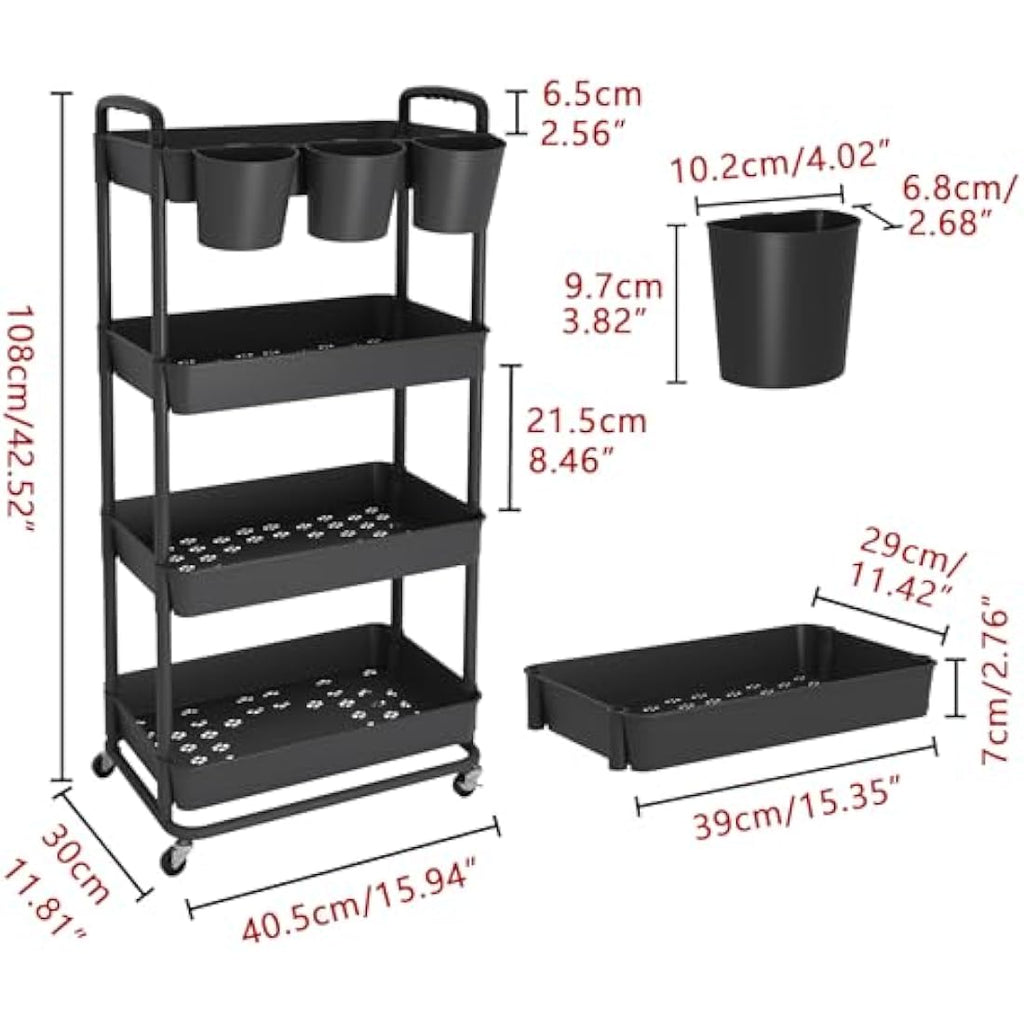 JIUYOTREE 4-Tier Rolling Utility Cart with Handles and Wheels - Black