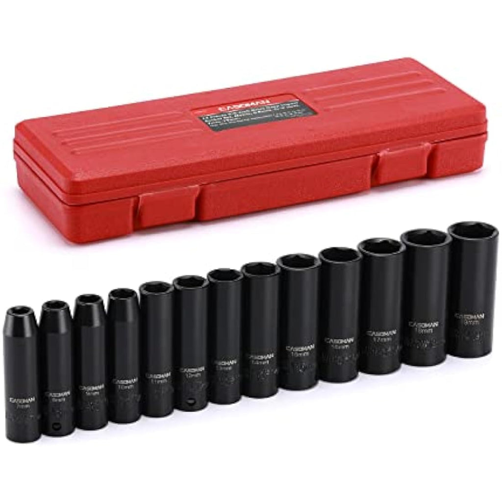 CASOMAN 3/8-Inch Drive Deep Impact Socket Set | 6-Point Metric CR-V, 13-Piece