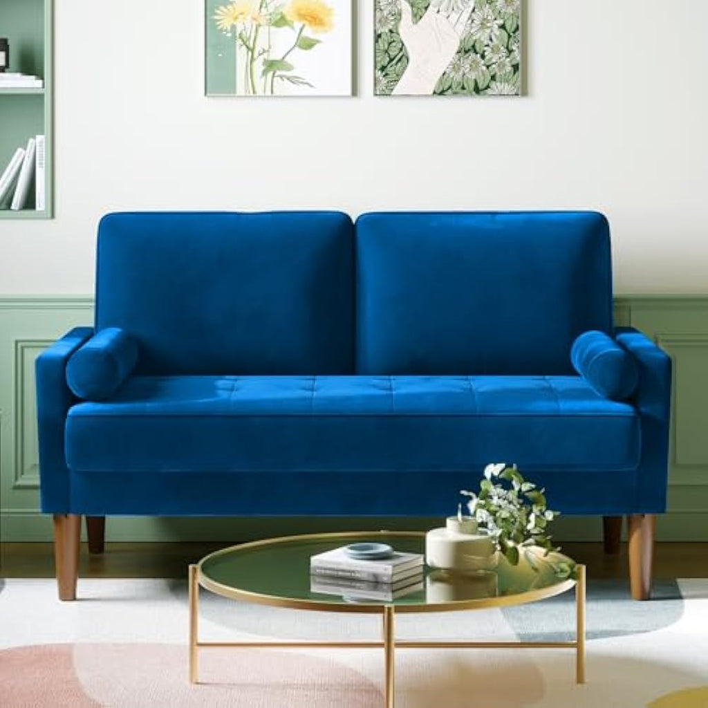 Vesgantti 2 Seater Blue Velvet Sofa – Modern Loveseat with Wood Legs