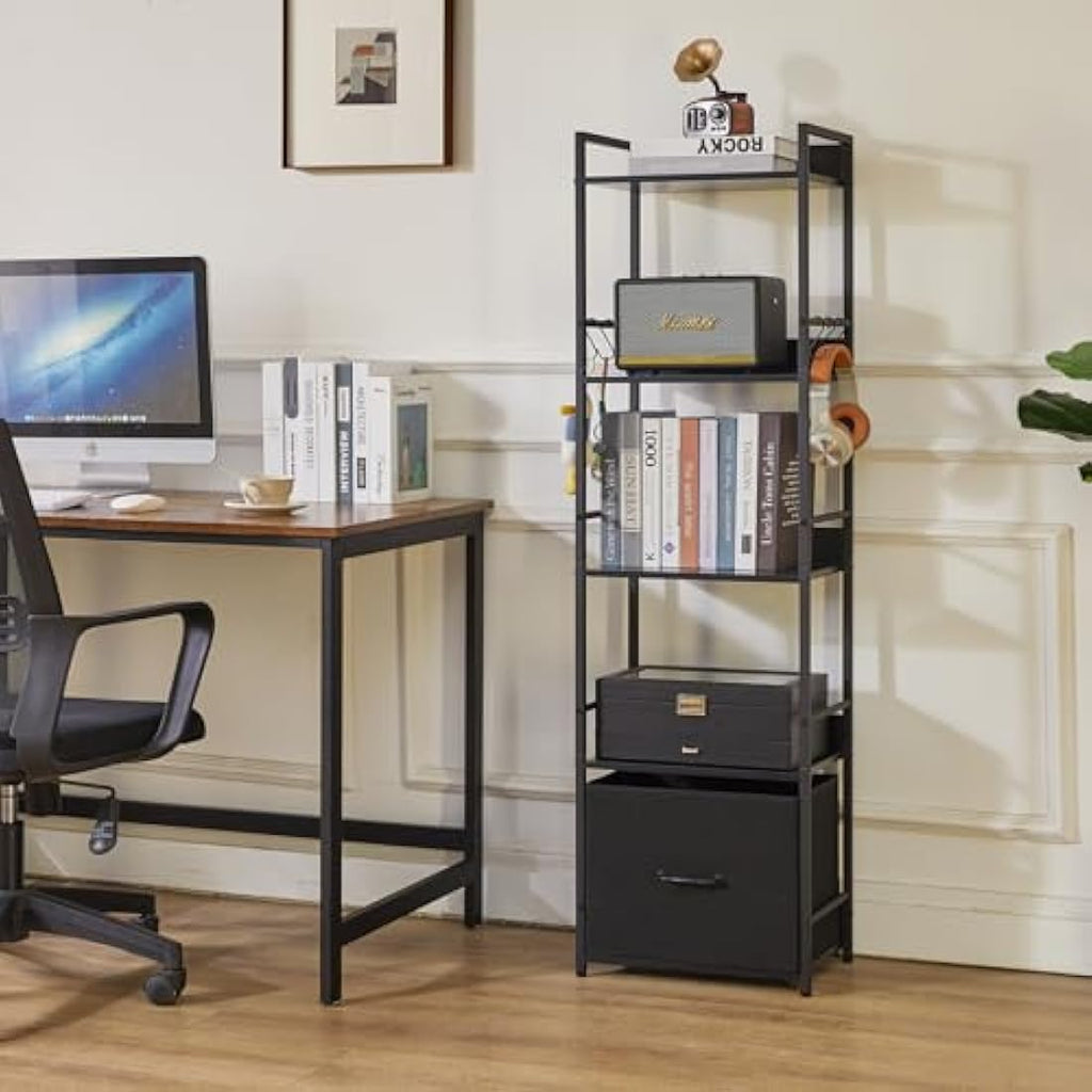 Aibiju 5-Tier Industrial Ladder Shelf – Narrow Metal Bookcase with Drawer