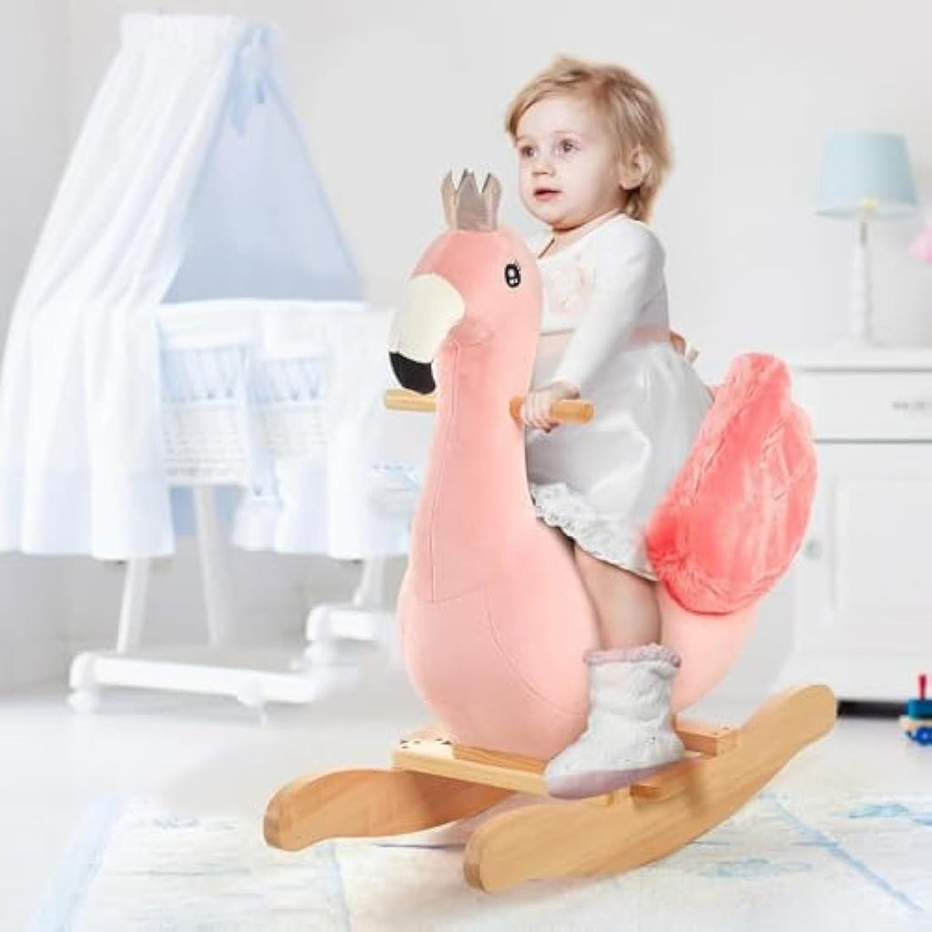FUNLIO Flamingo Baby Rocking Horse – Plush Pink Swan Rocker for Toddlers