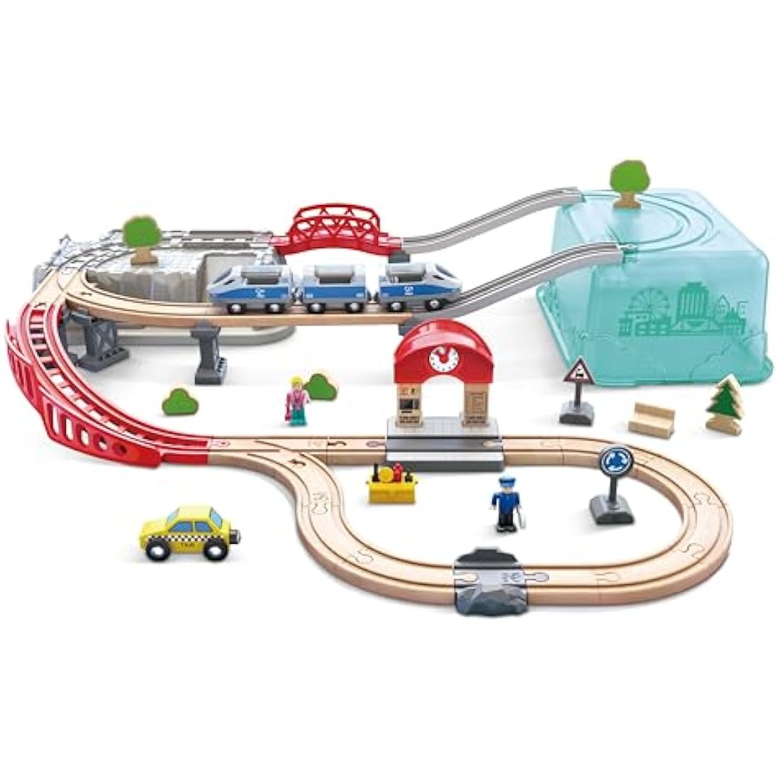 Hape City Railway Wooden Train Set with Storage Box - Ages 3 and Up