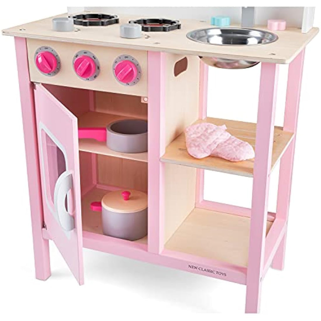 New Classic Toys Wooden Pretend Play Kitchen Set with Accessories – Pink