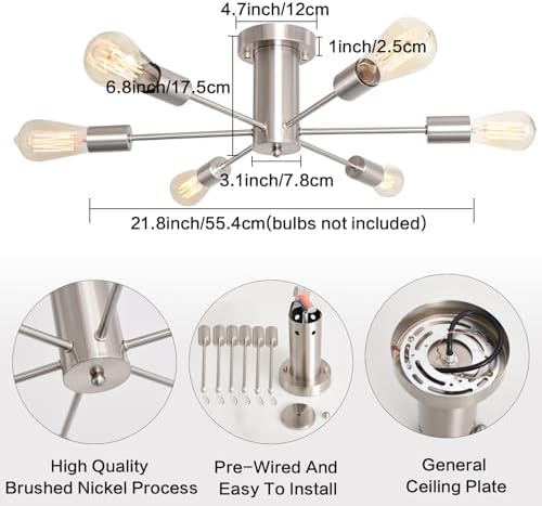MRHYSWD Sputnik Ceiling Light | 6-Light Brushed Nickel Flush Mount