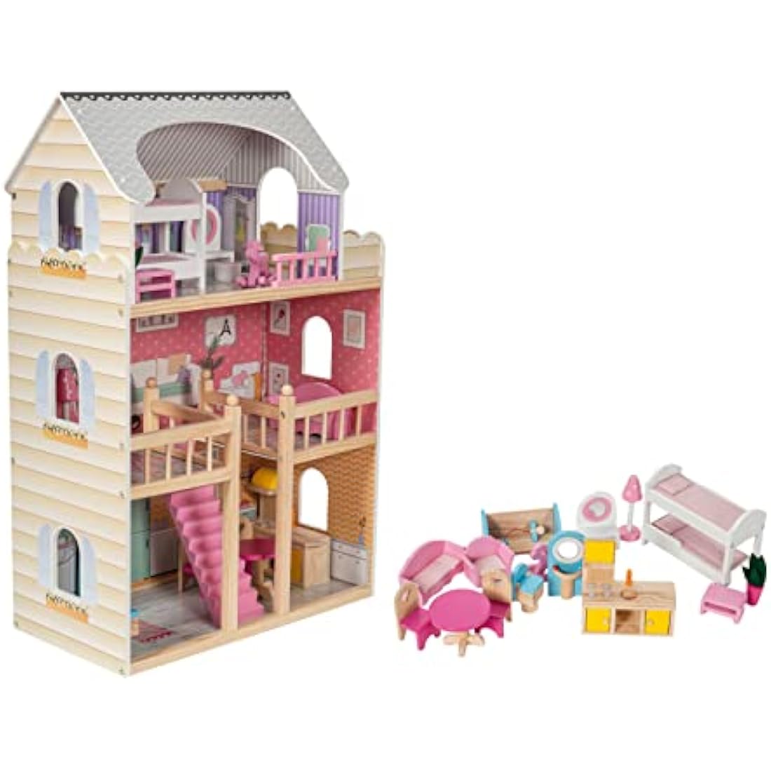 Mamabrum 3-Story Wooden Dollhouse with LED Lights & Furniture