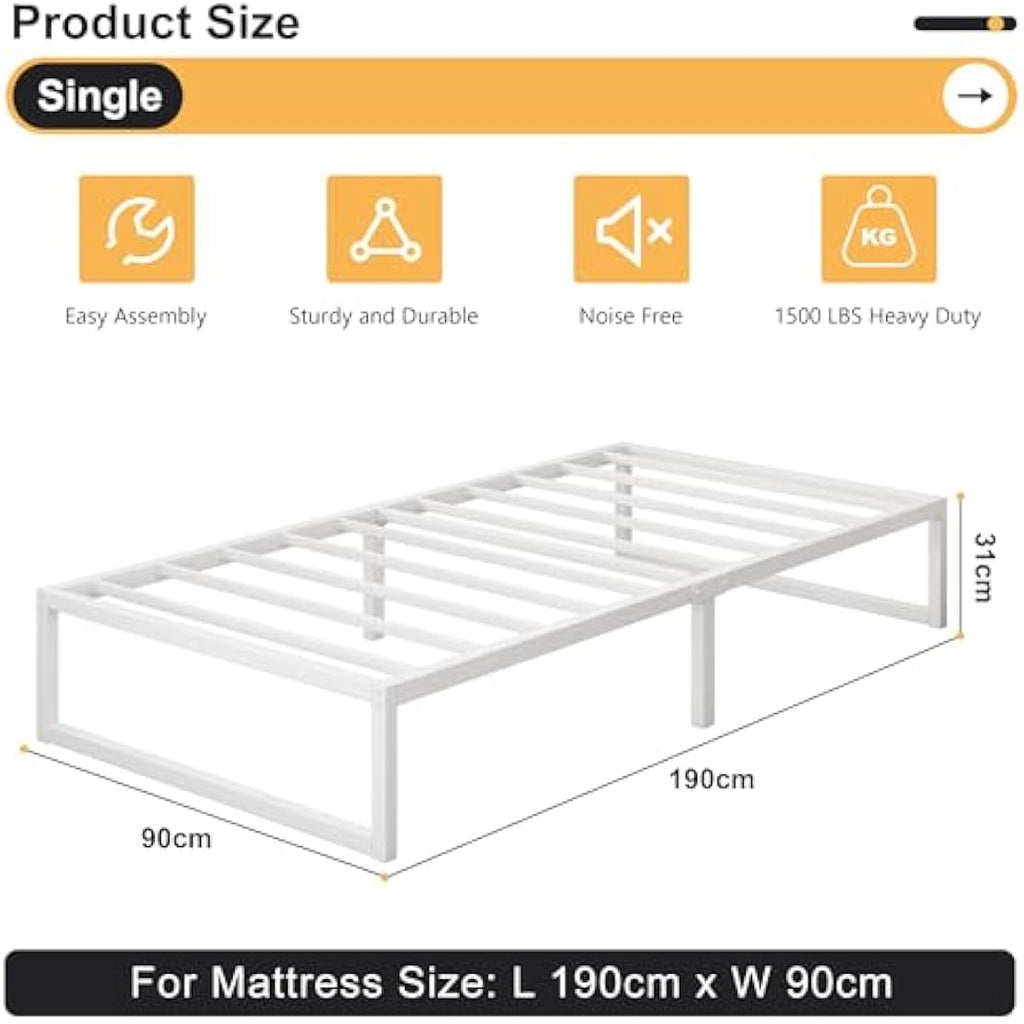 Single Metal Bed Frame – 90x190cm Steel Slat Support, White