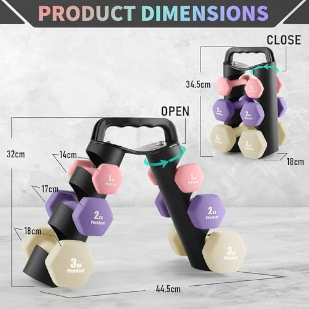 PhysKcal Neoprene Dumbbells Set with Rack | 1kg, 2kg, 3kg Hand Weights